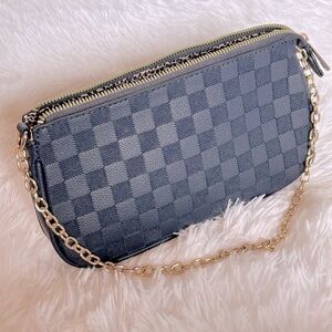 Blue and Gold Checkered Shoulder Bag with Chain Strap